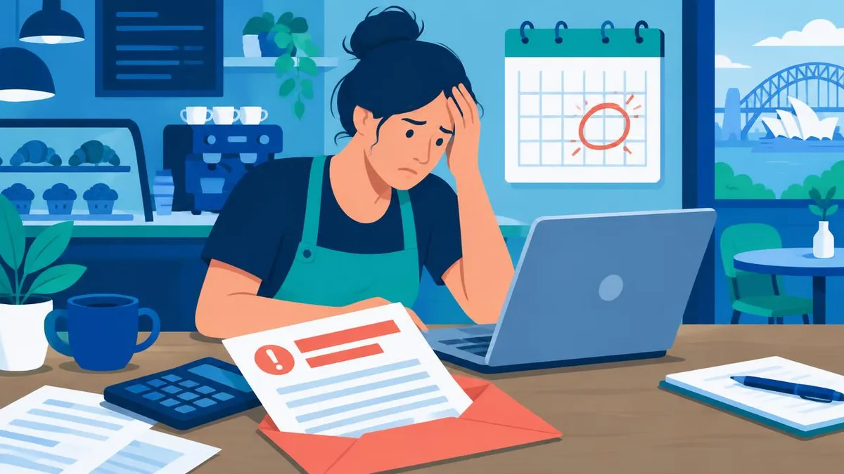 Cafe owner at a desk looking worried at an overdue tax notice next to a laptop and calendar