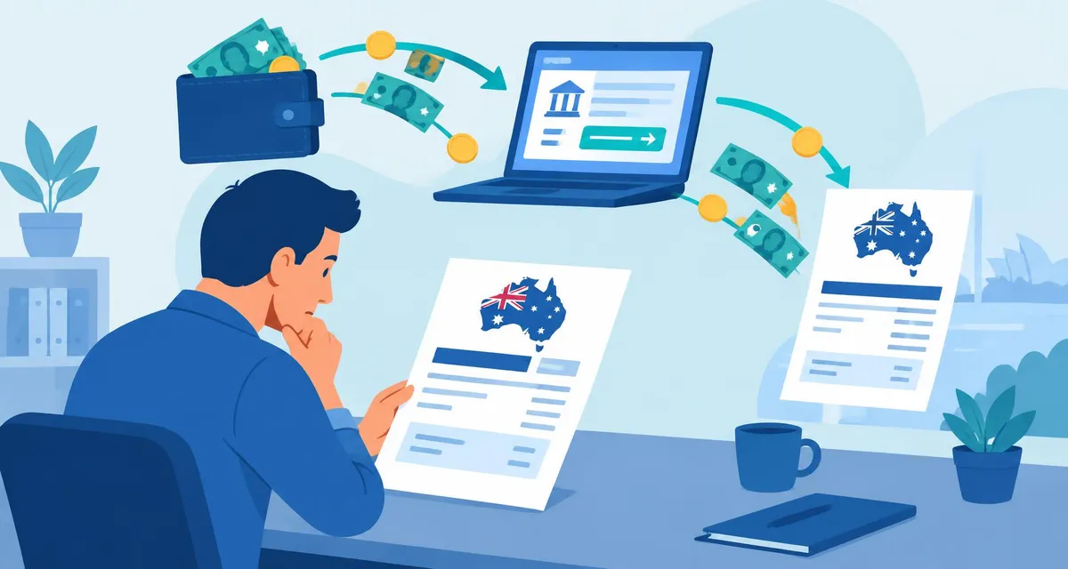 Business owner at a desk reviewing a tax bill while money flows from a wallet through online banking to the ATO