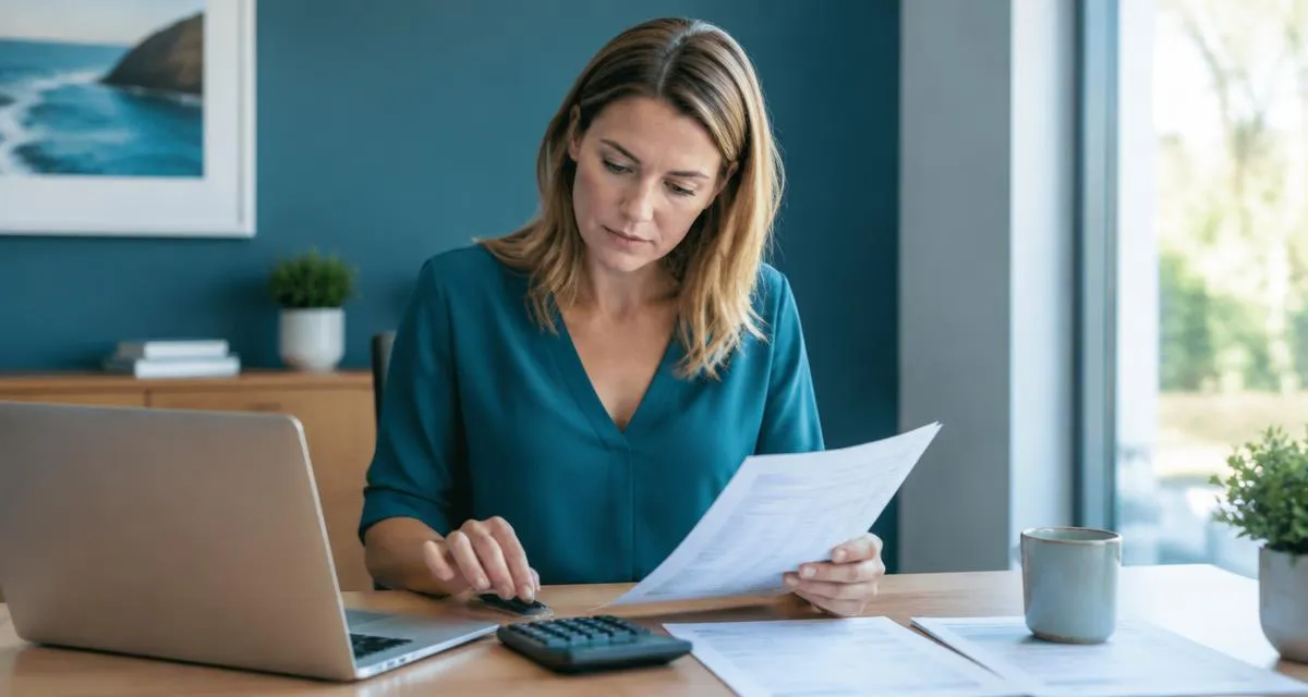 Business owner reviewing a tax document with a calculator and laptop